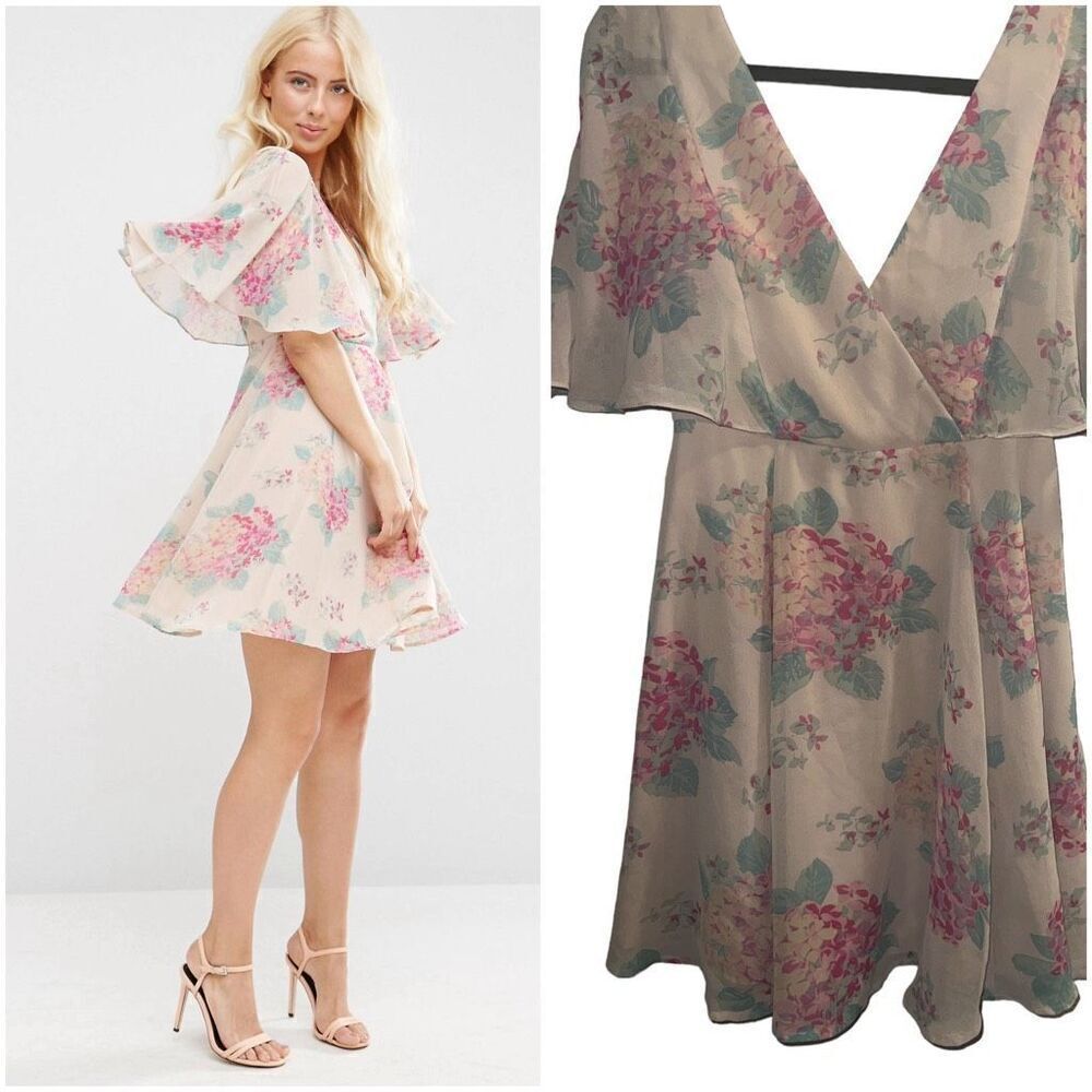 ✨ASOS Wrap Front Angel Sleeve Sz 4 Dress in Pretty Hydrangea Print✨